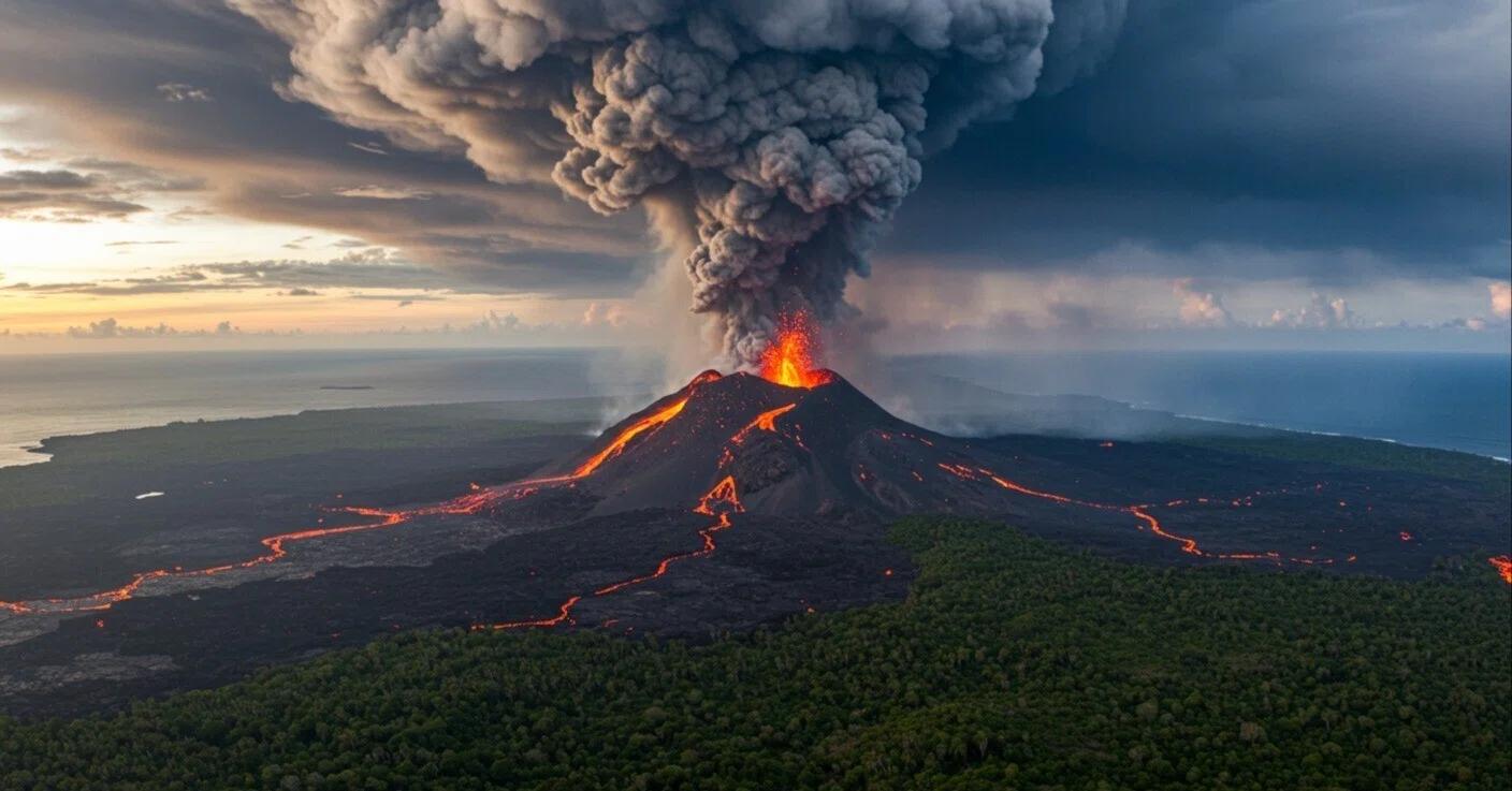 Eruzione di un vulcano potente con lava incandescente e una grande colonna di cenere nel cielo