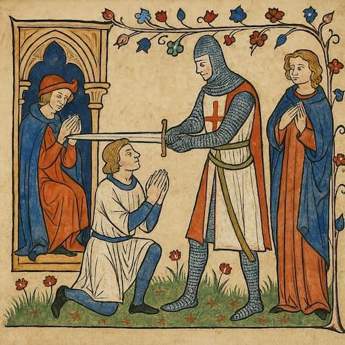 Investitura di un cavaliere medievale durante la cerimonia di nomina