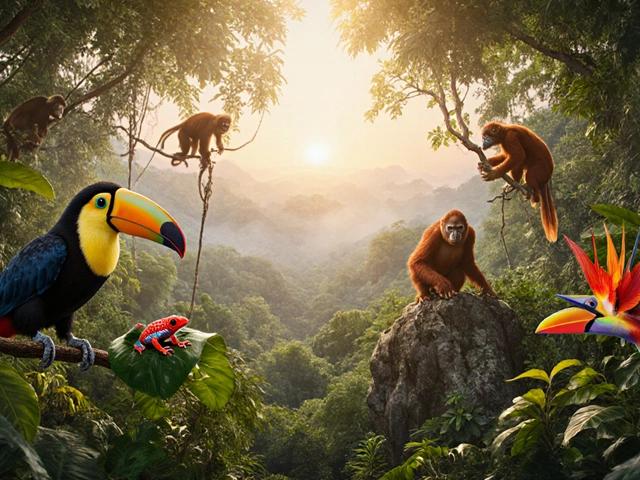 Le meraviglie della biodiversità Biodiversità della foresta tropicale con animali e vegetazione