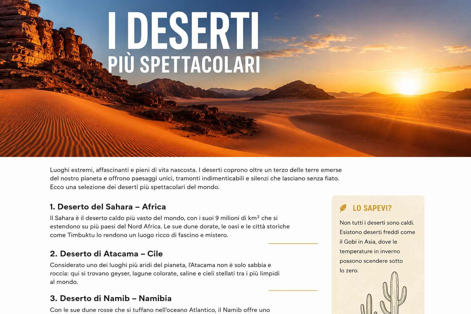 Alt text consigliato: I deserti più spettacolari del mondo al tramonto