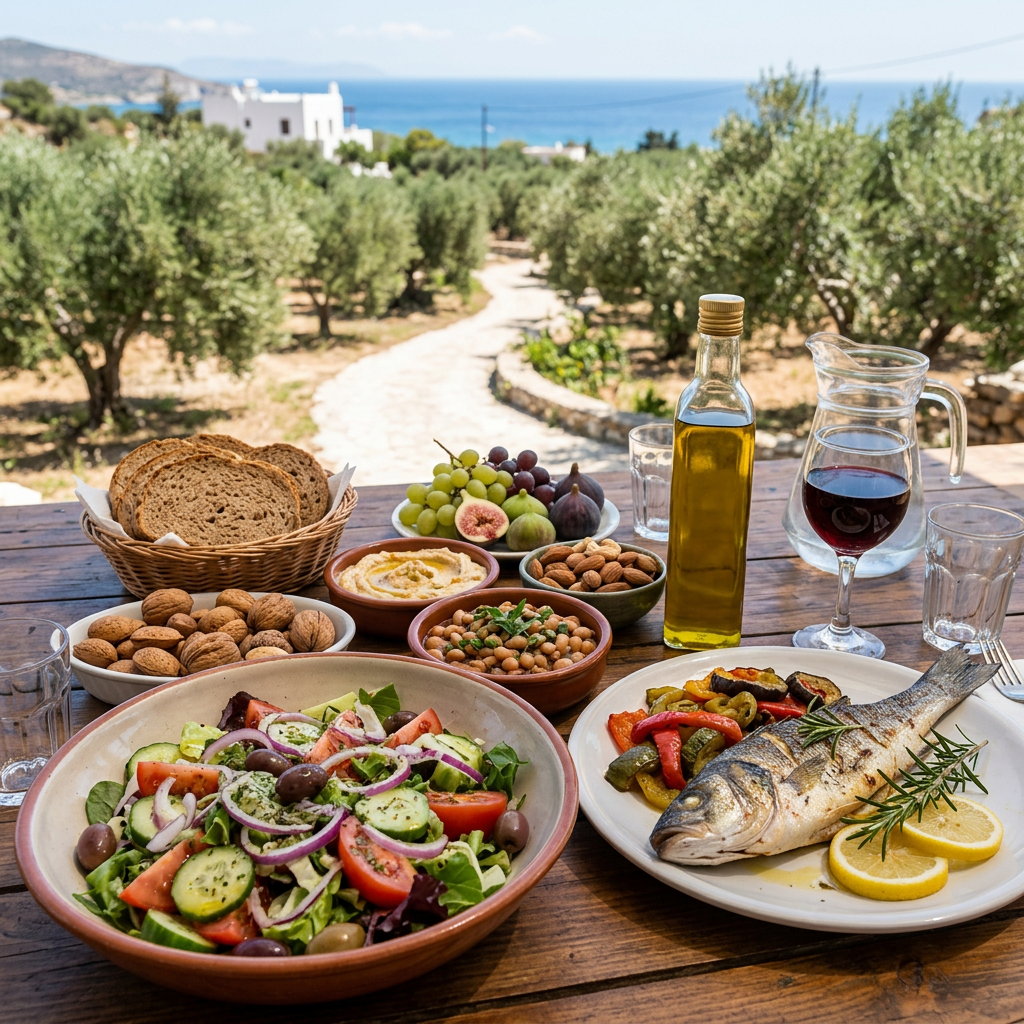 Mediterranean meal with grilled fish, salad, bread, fruit, and olive oil