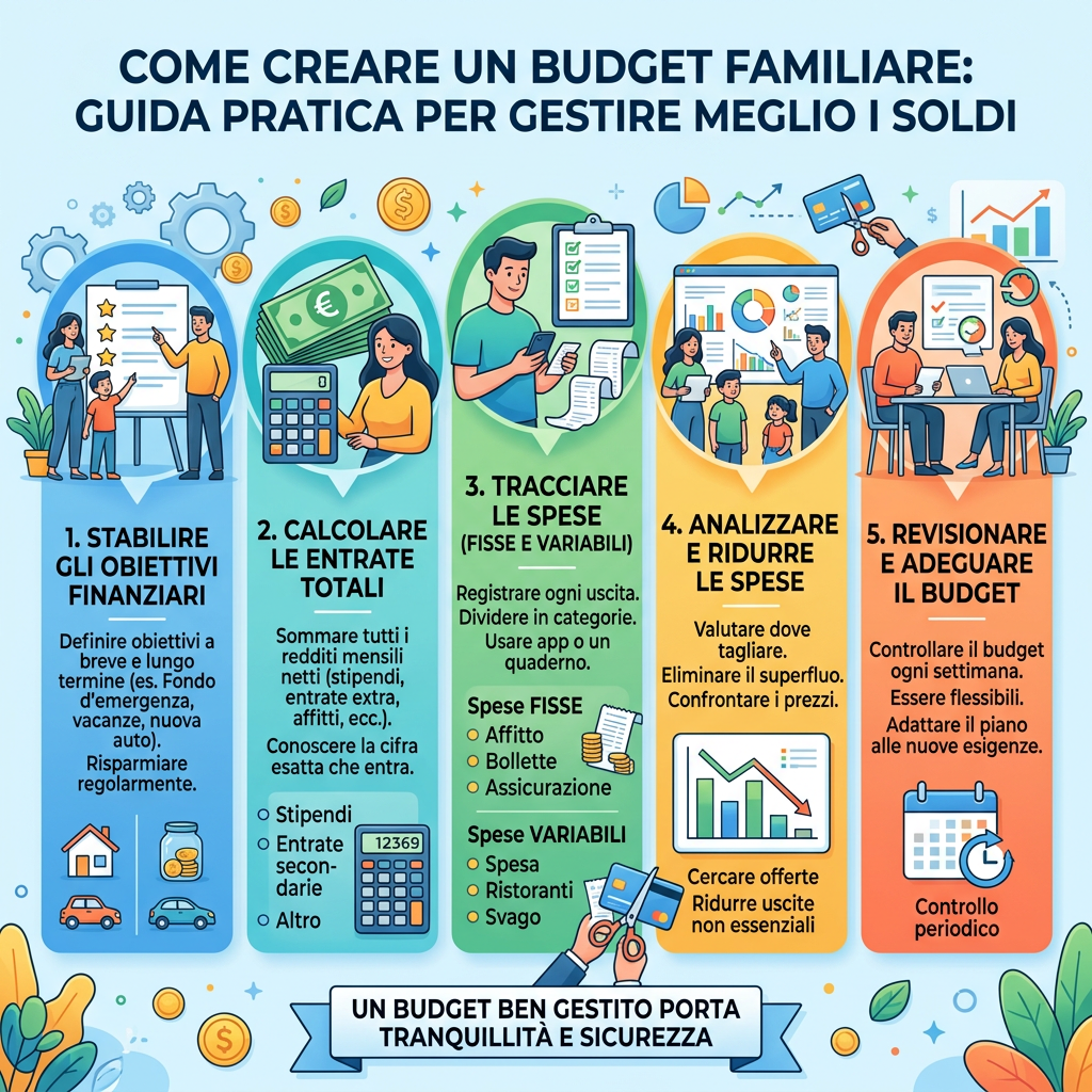 Infografica italiana con cinque passaggi per gestire il budget familiare