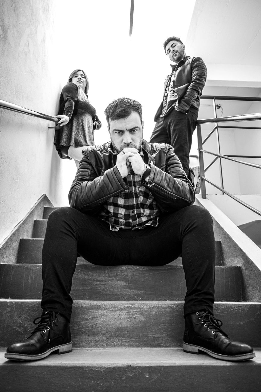 black and white urban staircase portrait